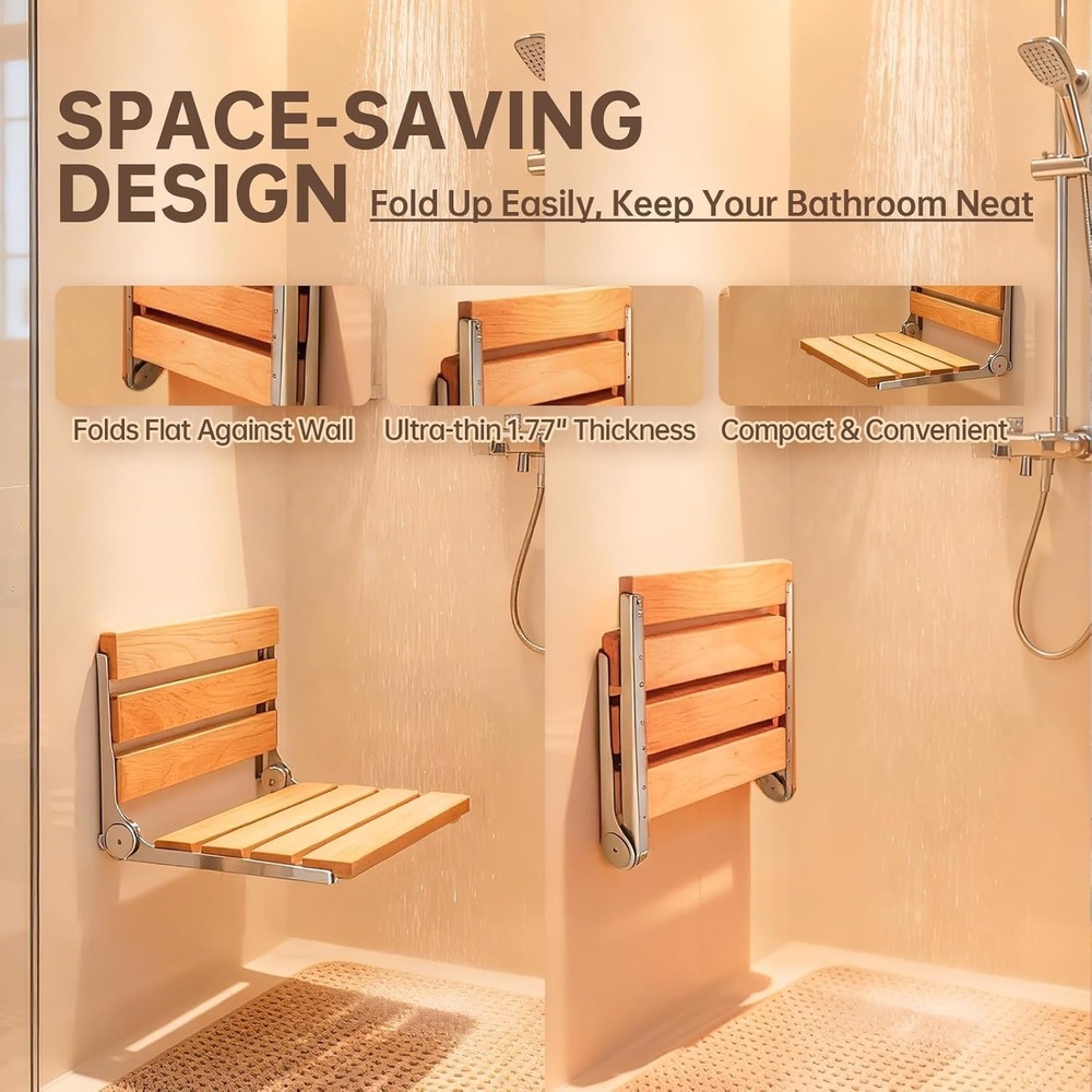 Jamini Folding Shower Seat 16in Beech Wood Wall Mount 330lb Heavy Duty - Picture 6 of 7